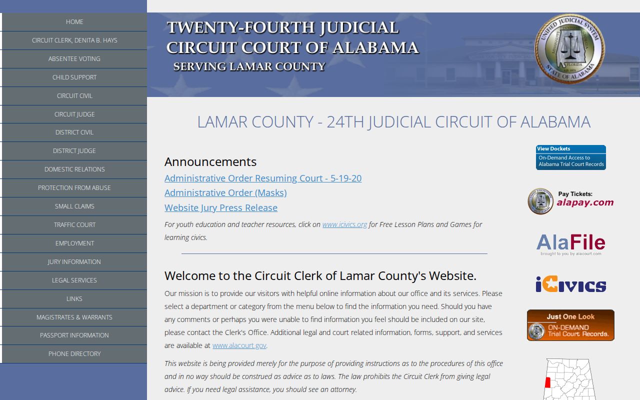 Official Lamar County court site used to reach traffic warrant and ticket information